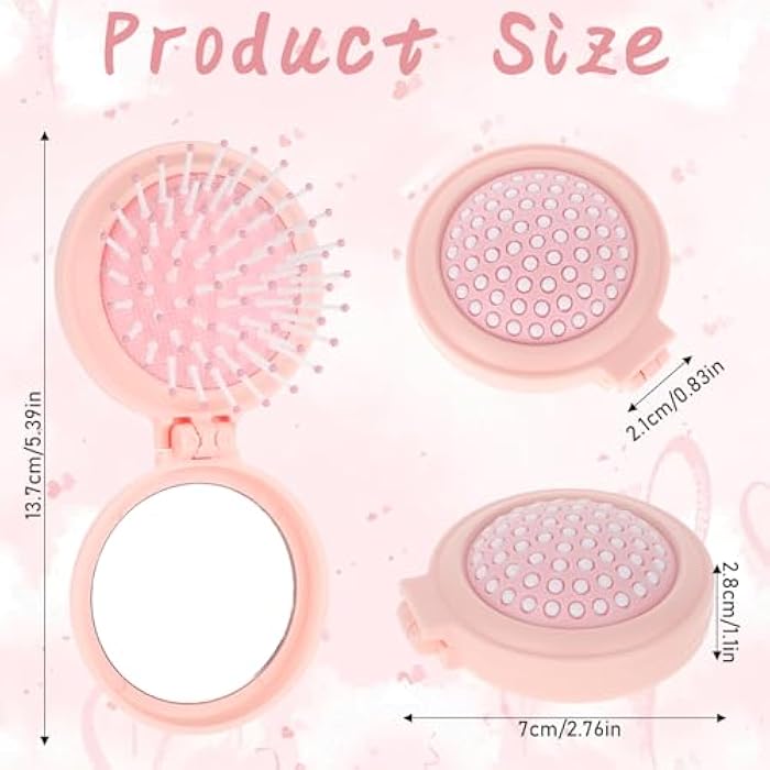 Gtziqa Travel Hair Brush with Mirror, Folding Mini Hair Brush Round Pocket Brushes Compact Travel Brushes for Hairs, Foldable Mini Purse Mirror Portable Massage Comb for Women and Girls, Pink - Image 3